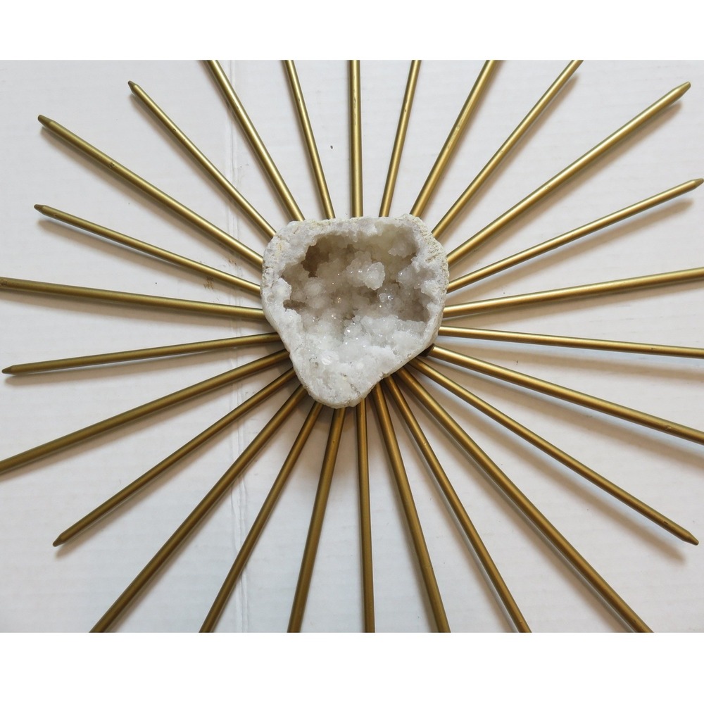 Gold MCM Metal Sunburst Wall Art Set Natural White Quartz Geode Centers 2pc - Picture 4 of 10